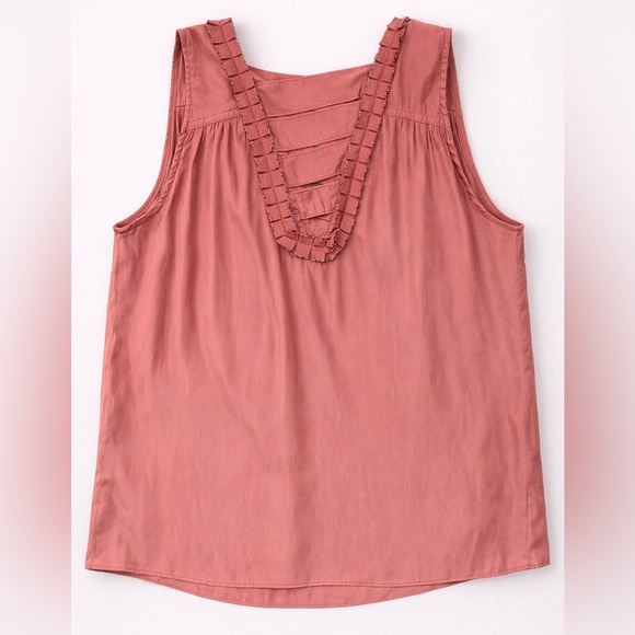 Catherine Malandrino Coral Sleeveless Blouse Ruffle Trim Ladder V-Neck Size M - Picture 5 of 9